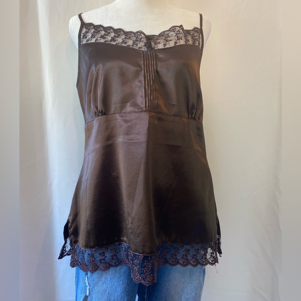 Ricki's Rich Chocolate Brown Lace Trim Satin Empire Waist Sexy Camisole Tank LG - Picture 3 of 16